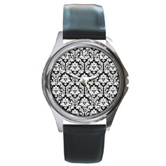 White On Black Damask Round Leather Watch (silver Rim) by Zandiepants