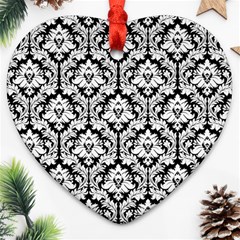 White On Black Damask Heart Ornament