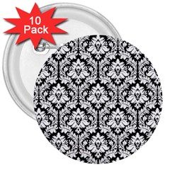 White On Black Damask 3  Button (10 Pack)