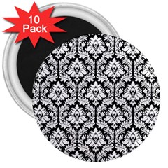 White On Black Damask 3  Button Magnet (10 Pack)