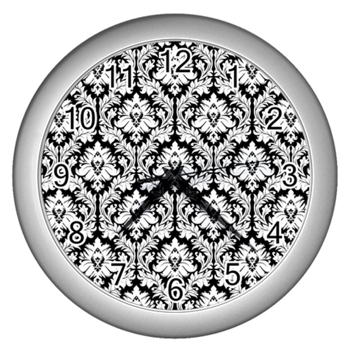 White On Black Damask Wall Clock (Silver)