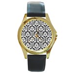 White On Black Damask Round Leather Watch (Gold Rim)  Front