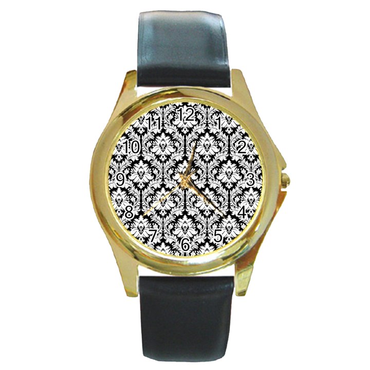 White On Black Damask Round Leather Watch (Gold Rim) 