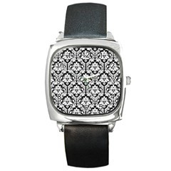 White On Black Damask Square Leather Watch by Zandiepants