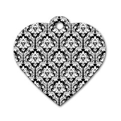 White On Black Damask Dog Tag Heart (one Sided)  by Zandiepants