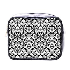 White On Black Damask Mini Travel Toiletry Bag (one Side)