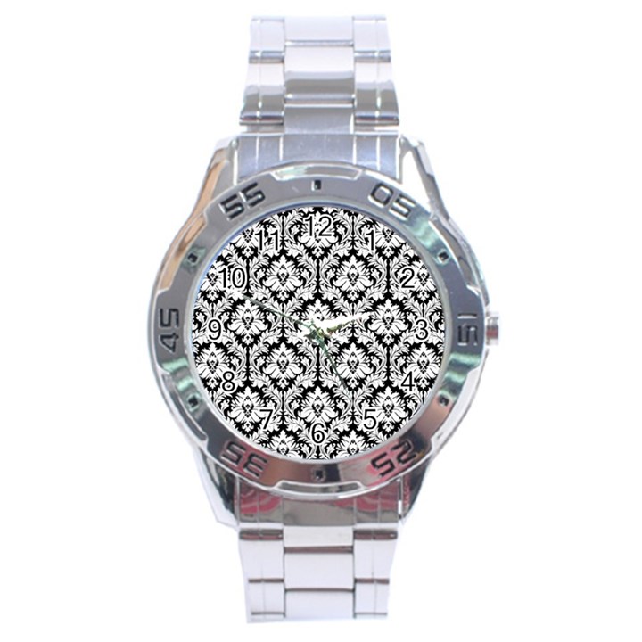 White On Black Damask Stainless Steel Watch