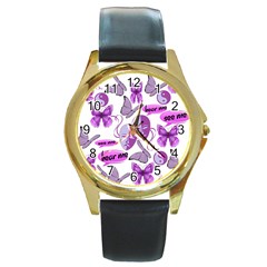 Invisible Illness Collage Round Leather Watch (gold Rim)  by FunWithFibro