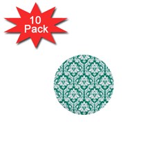 White On Emerald Green Damask 1  Mini Button (10 Pack) by Zandiepants