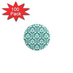 White On Emerald Green Damask 1  Mini Button Magnet (100 Pack) by Zandiepants