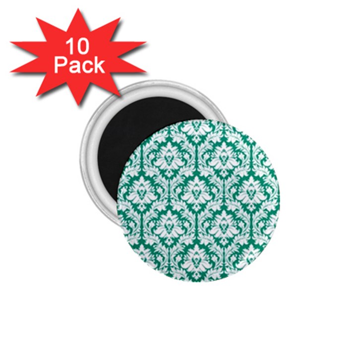 White On Emerald Green Damask 1.75  Button Magnet (10 pack)