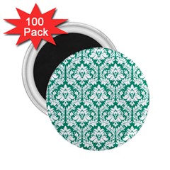 White On Emerald Green Damask 2 25  Button Magnet (100 Pack)