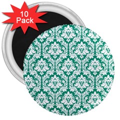 White On Emerald Green Damask 3  Button Magnet (10 Pack)