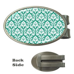 White On Emerald Green Damask Money Clip (oval)