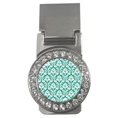 White On Emerald Green Damask Money Clip (cz)