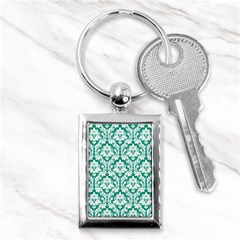 White On Emerald Green Damask Key Chain (rectangle)