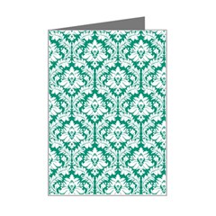 White On Emerald Green Damask Mini Greeting Card