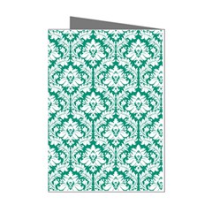 White On Emerald Green Damask Mini Greeting Card (8 Pack) by Zandiepants