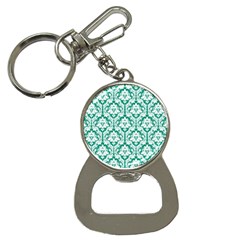 White On Emerald Green Damask Bottle Opener Key Chain