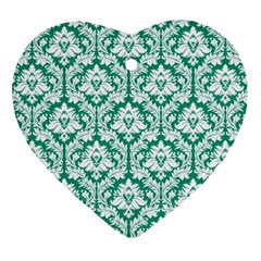 White On Emerald Green Damask Heart Ornament (two Sides)