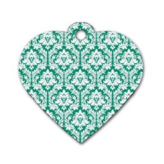 White On Emerald Green Damask Dog Tag Heart (one Sided)  by Zandiepants