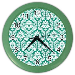 White On Emerald Green Damask Wall Clock (color)