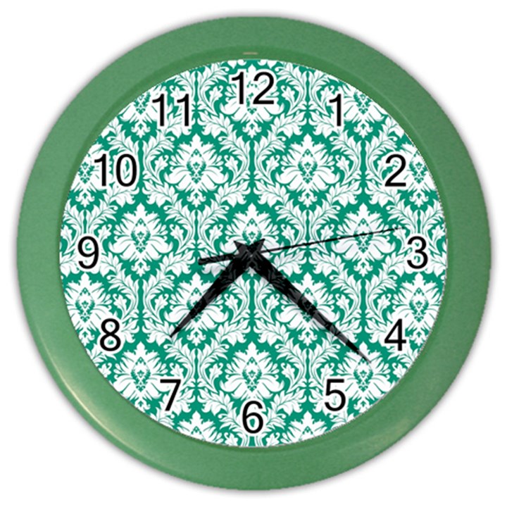 White On Emerald Green Damask Wall Clock (Color)