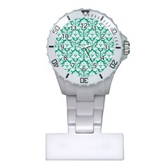 White On Emerald Green Damask Nurses Watch