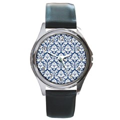 White On Blue Damask Round Leather Watch (silver Rim) by Zandiepants