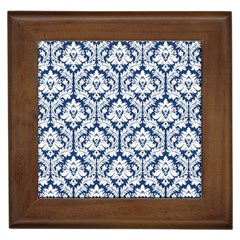 White On Blue Damask Framed Ceramic Tile by Zandiepants