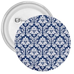 White On Blue Damask 3  Button by Zandiepants