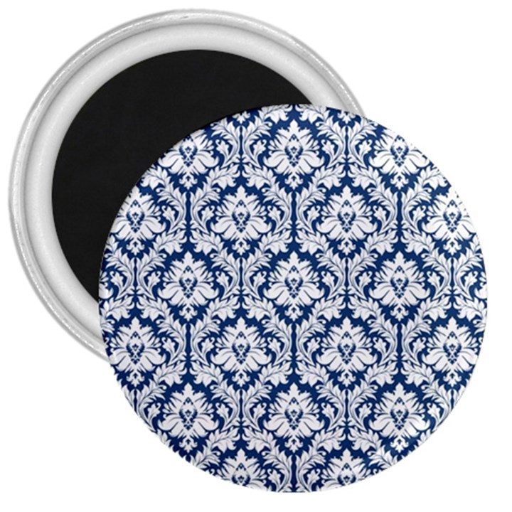 White On Blue Damask 3  Button Magnet