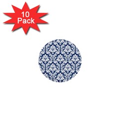 White On Blue Damask 1  Mini Button (10 Pack) by Zandiepants