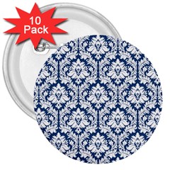 White On Blue Damask 3  Button (10 Pack) by Zandiepants