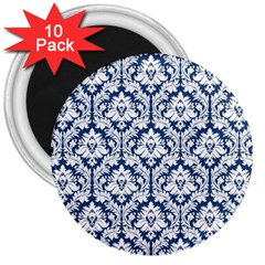 White On Blue Damask 3  Button Magnet (10 Pack) by Zandiepants