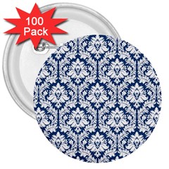 White On Blue Damask 3  Button (100 Pack) by Zandiepants