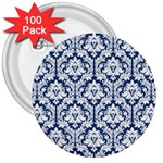 White On Blue Damask 3  Button (100 pack) Front