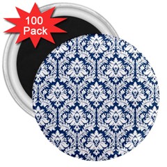 White On Blue Damask 3  Button Magnet (100 Pack) by Zandiepants