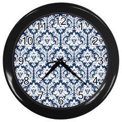 White On Blue Damask Wall Clock (black) by Zandiepants