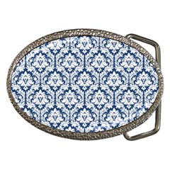 White On Blue Damask Belt Buckle (Oval)