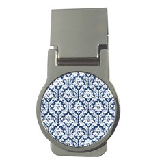 White On Blue Damask Money Clip (round) by Zandiepants