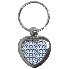 White On Blue Damask Key Chain (heart)