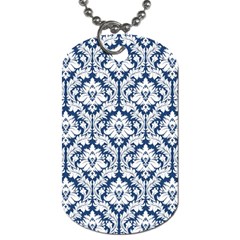 White On Blue Damask Dog Tag (one Sided) by Zandiepants