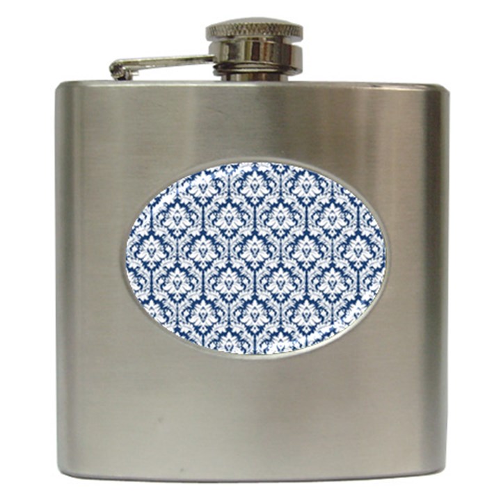 White On Blue Damask Hip Flask