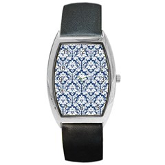 White On Blue Damask Tonneau Leather Watch