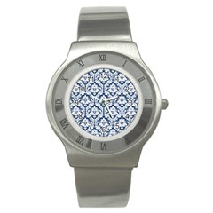 White On Blue Damask Stainless Steel Watch (slim) by Zandiepants