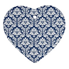 White On Blue Damask Heart Ornament (two Sides) by Zandiepants