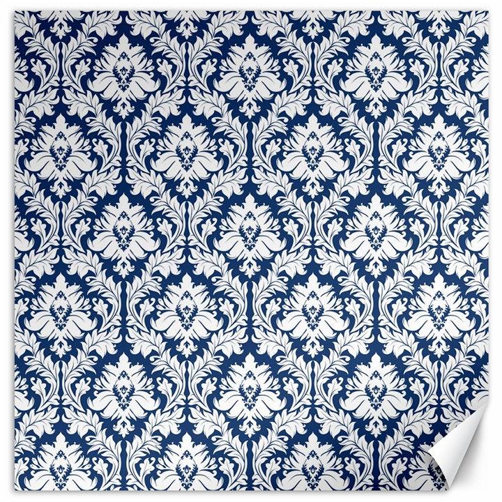 White On Blue Damask Canvas 12  x 12  (Unframed)