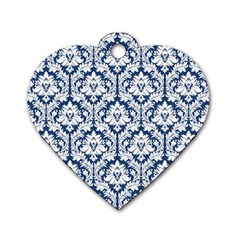 White On Blue Damask Dog Tag Heart (two Sided)