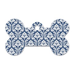 White On Blue Damask Dog Tag Bone (two Sided) by Zandiepants